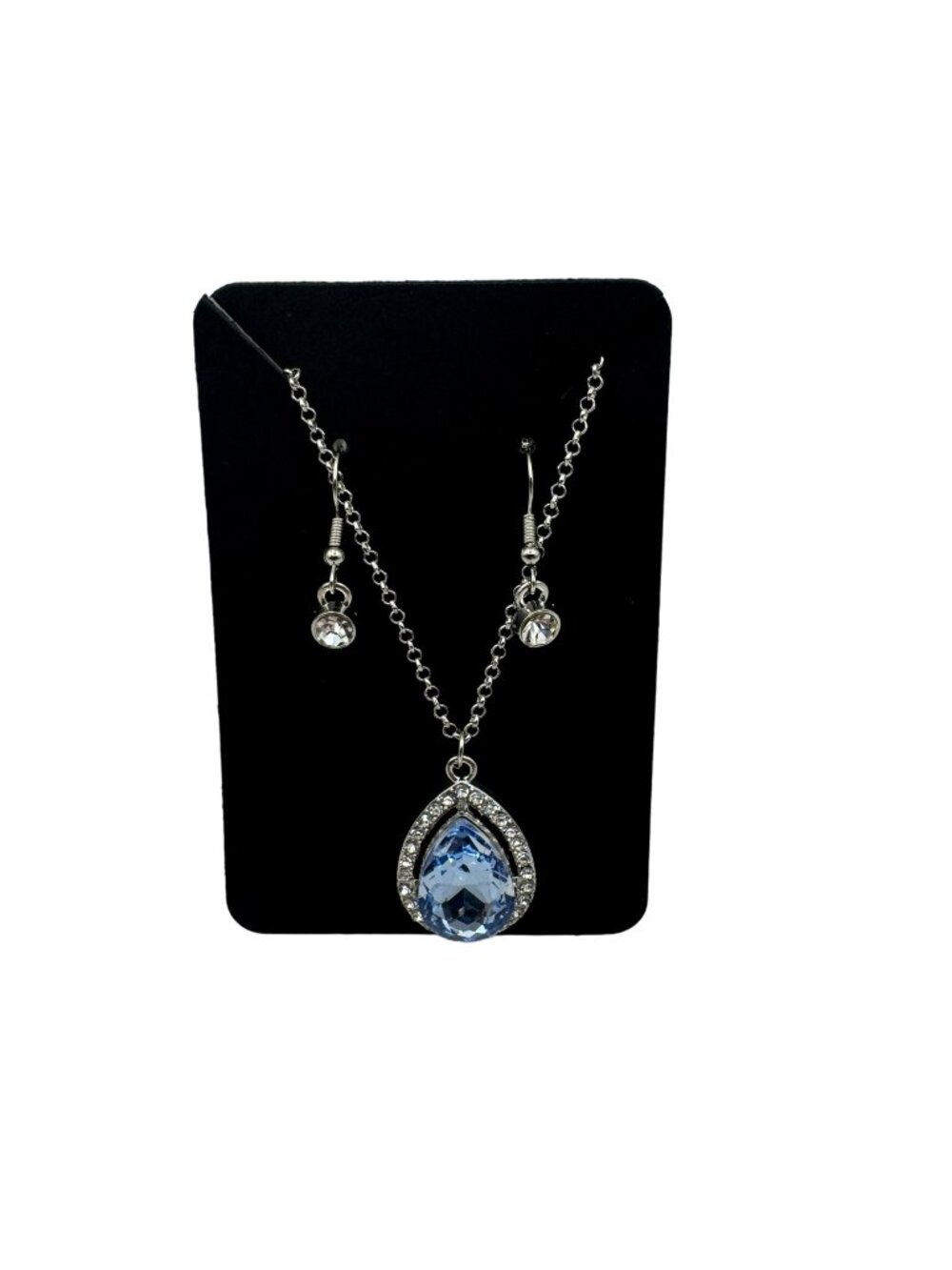 Elegant Silver Necklace & Earring Set With Blue Teardrop Crystal Pendant